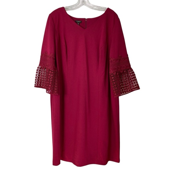 Talbots V-Neck Wine Sheath Midi Dress Crochet Lace Bell Sleeves (Size 16WP) - Picture 2 of 12